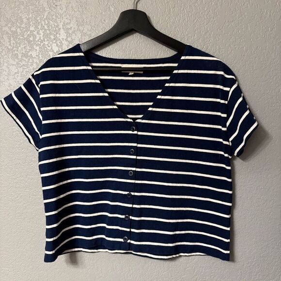 Madewell Striped Crop Boxy Top Size Medium Navy white Women's - Picture 1 of 4